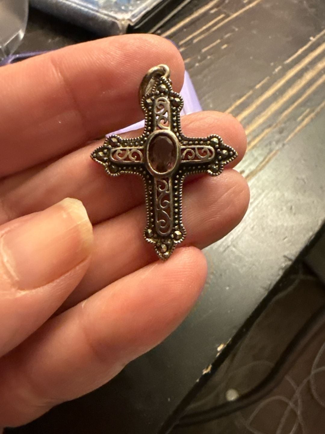 Vintage Sterling Silver Cross Pendant with Amethyst and Marcasite
