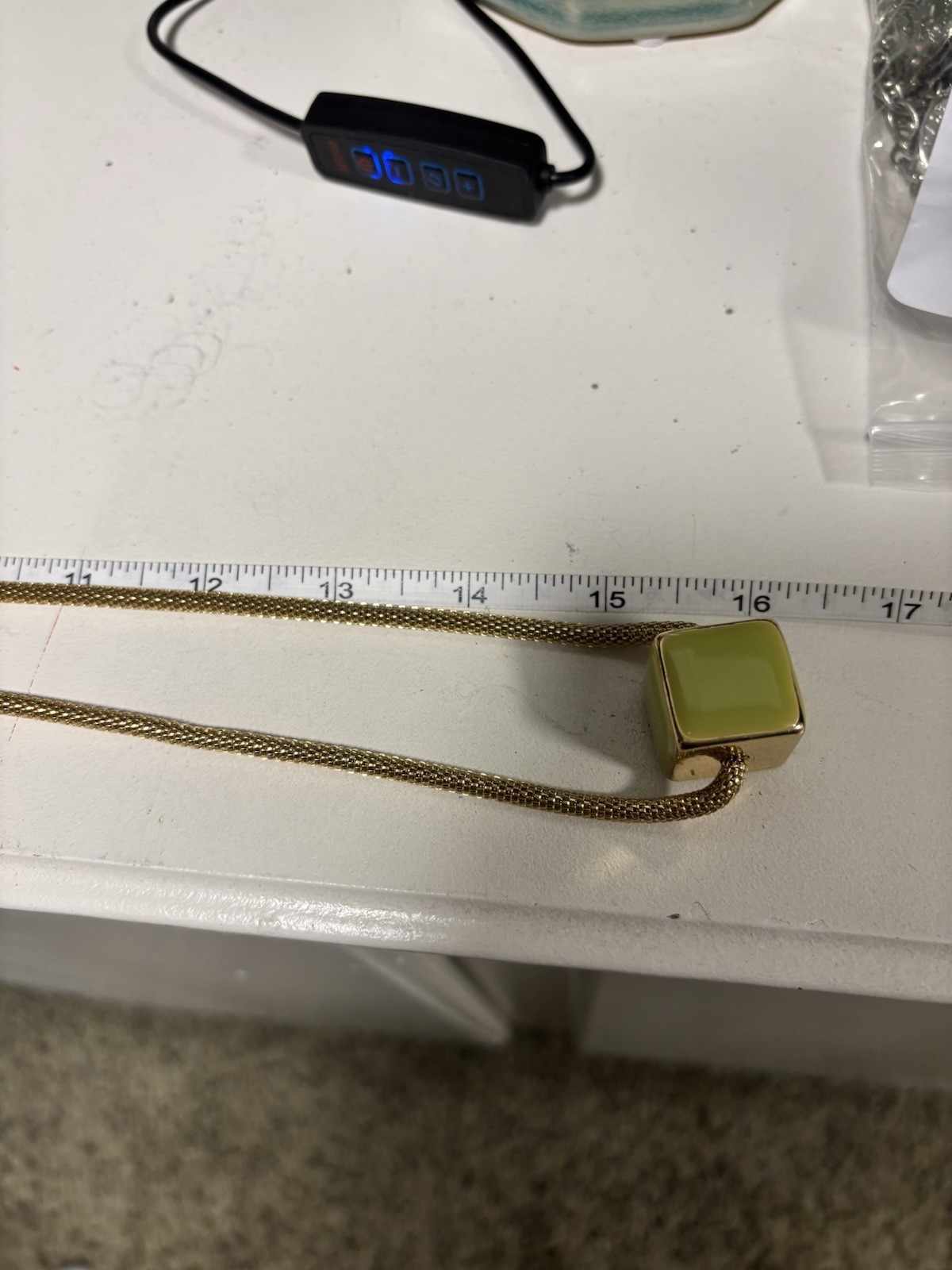 Vintage Modernist MCM Gold Tone Mesh Chain Lime Green Enamel Cube Necklace 32”