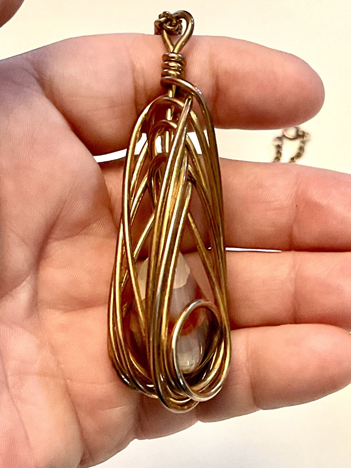 Vintage Gold Tone Wire Wrapped Agate Stone Necklace 24”