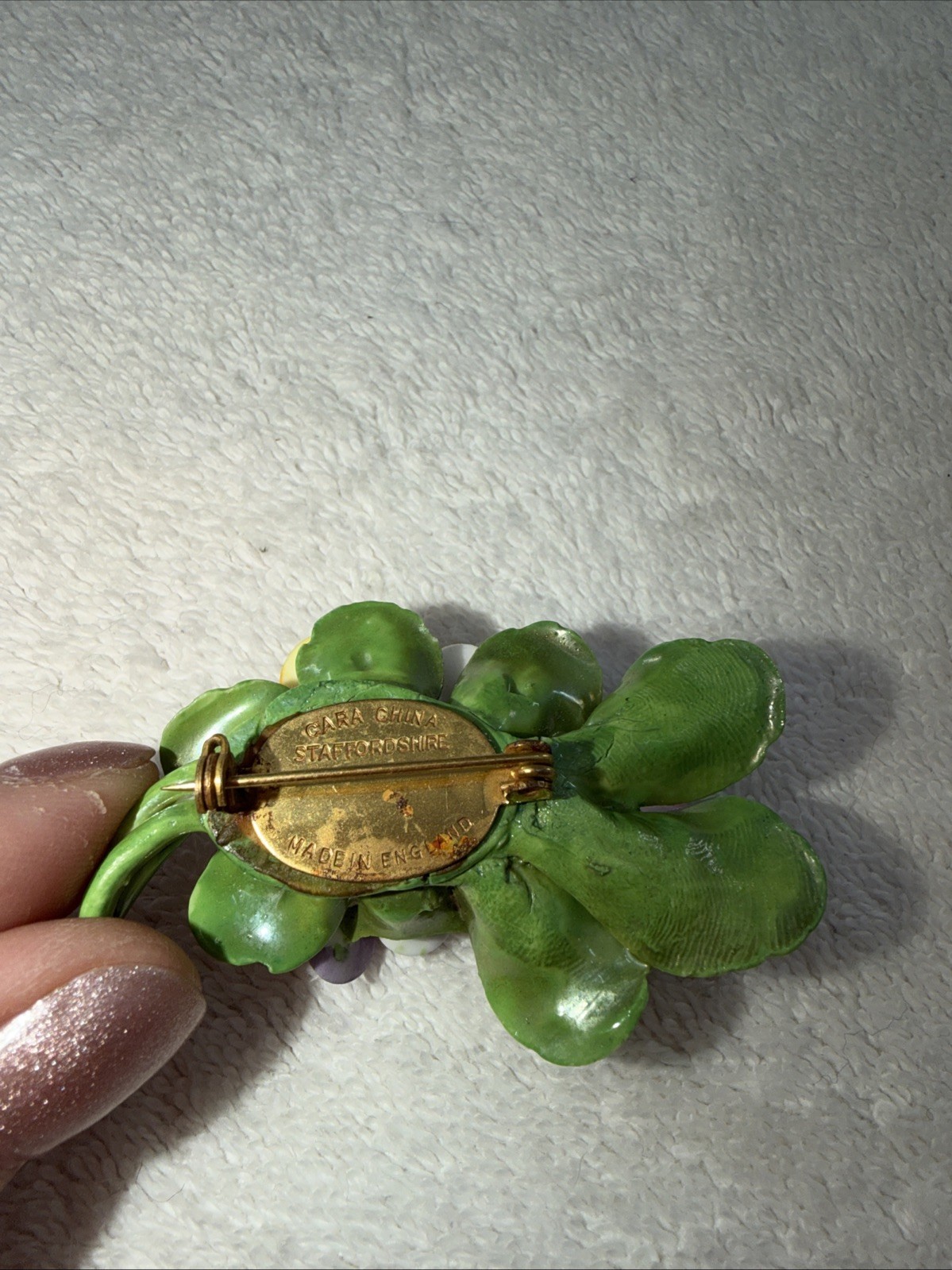 VTG Cara China Violets Porcelain Bouquet Brooch Bow Pin Staffordshire
