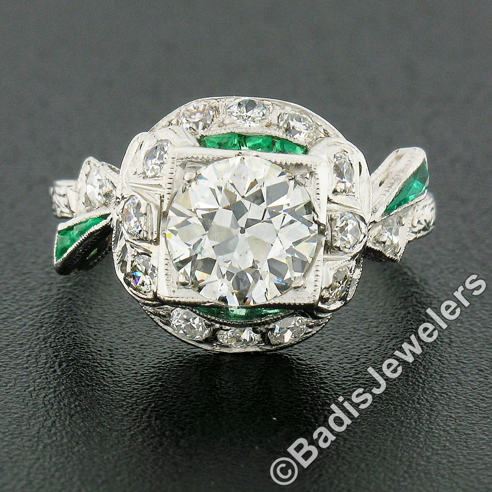 Antique Art Deco Platinum Old European Diamond & Emerald Ribbon Engagement Ring