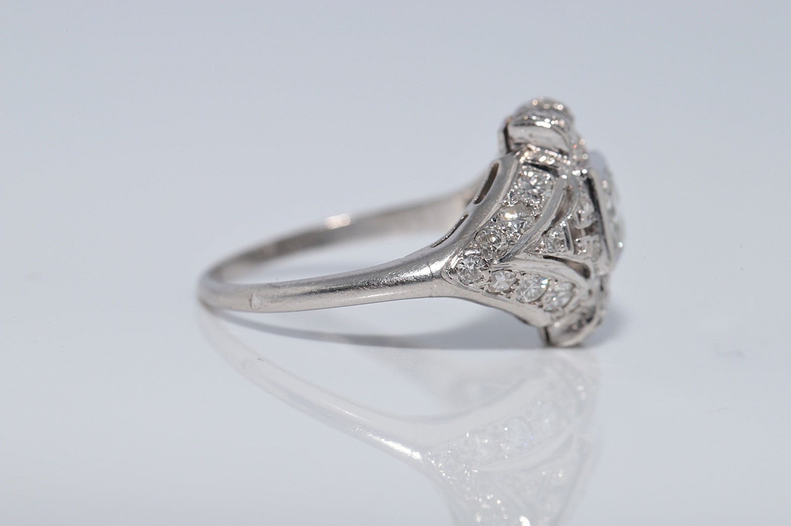 Antique Circa 1920s Handcrafted Art Deco Platinum Natural Diamond Ring