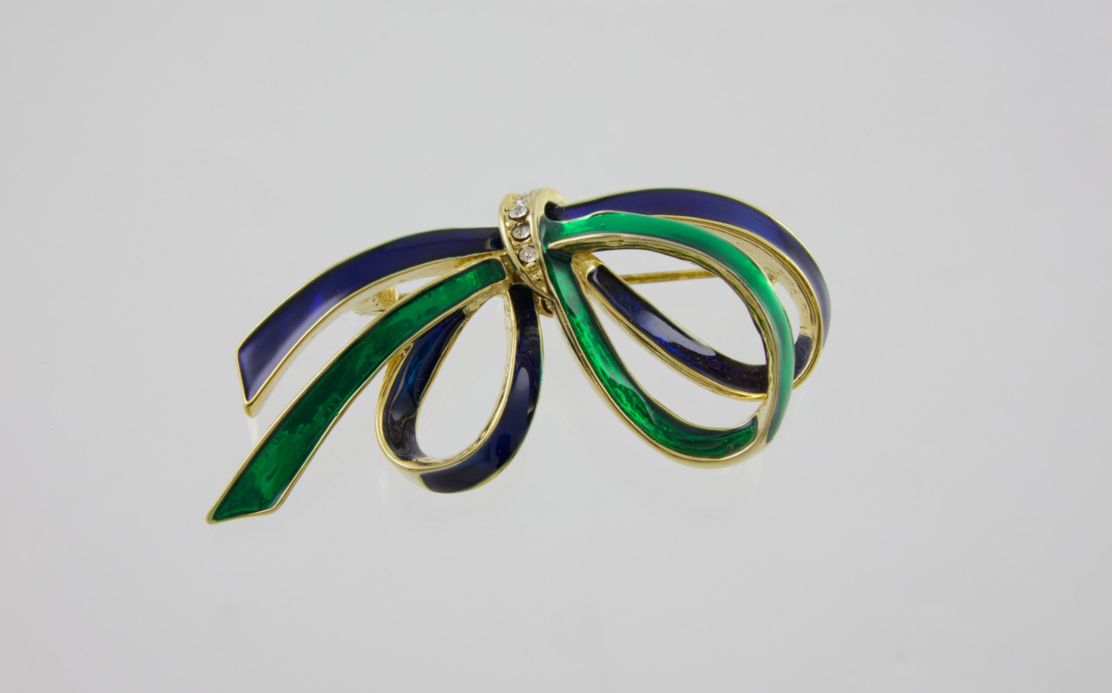 Vintage Finesse Blue & Green Enameled Rhinestone Ribbon Bow Brooch