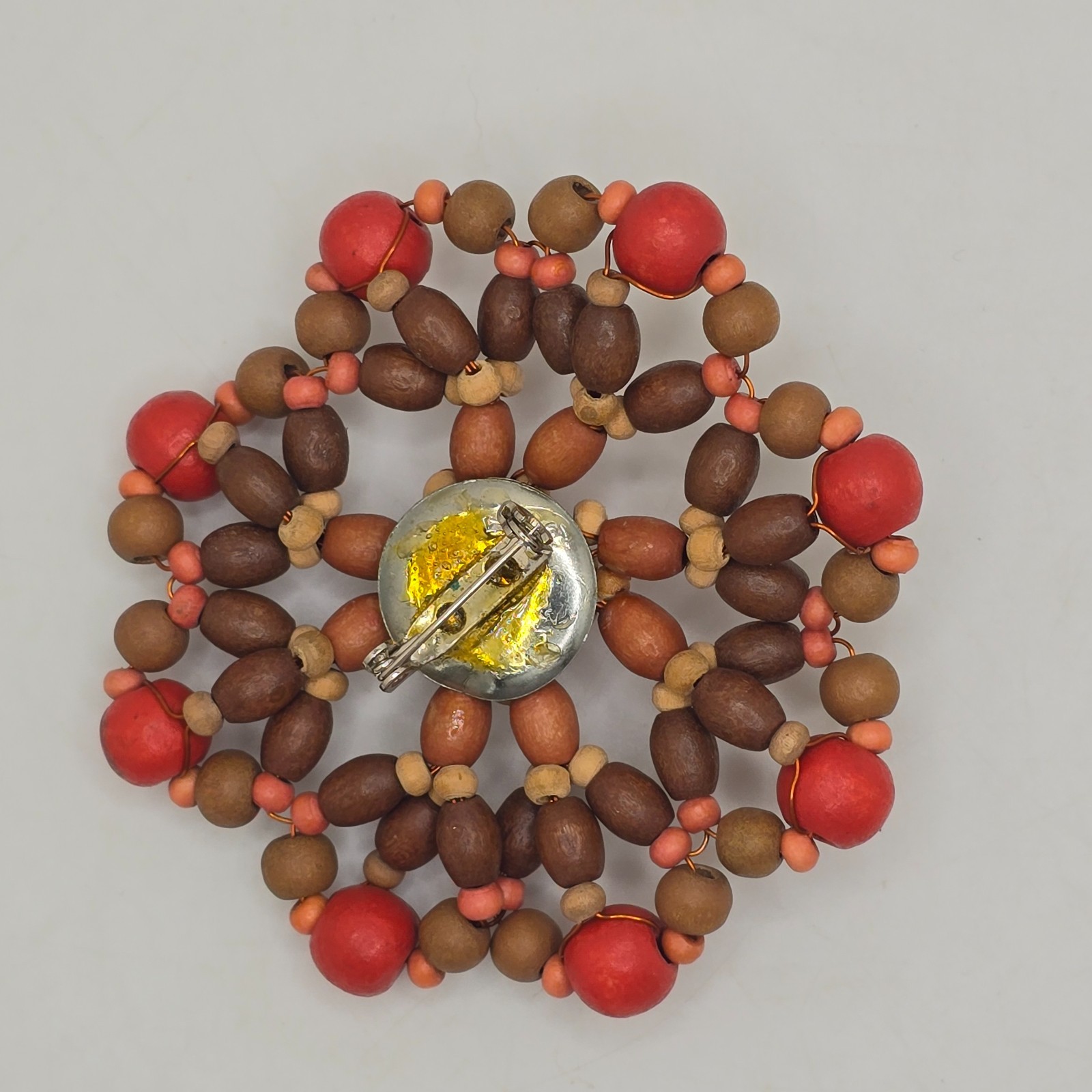 Vintage Boho Brooch 70s Wooden Bead Flower Handmade Copper Wire Folk Art Pin