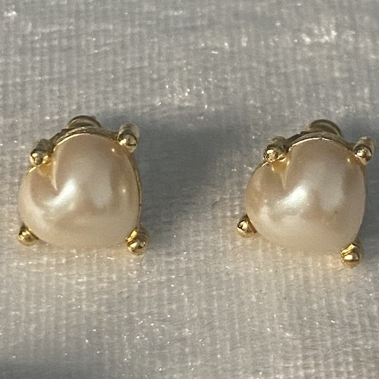 Estate Stud Earrings Faux Pearl Rhinestones Gold Tone Heart Round Oval