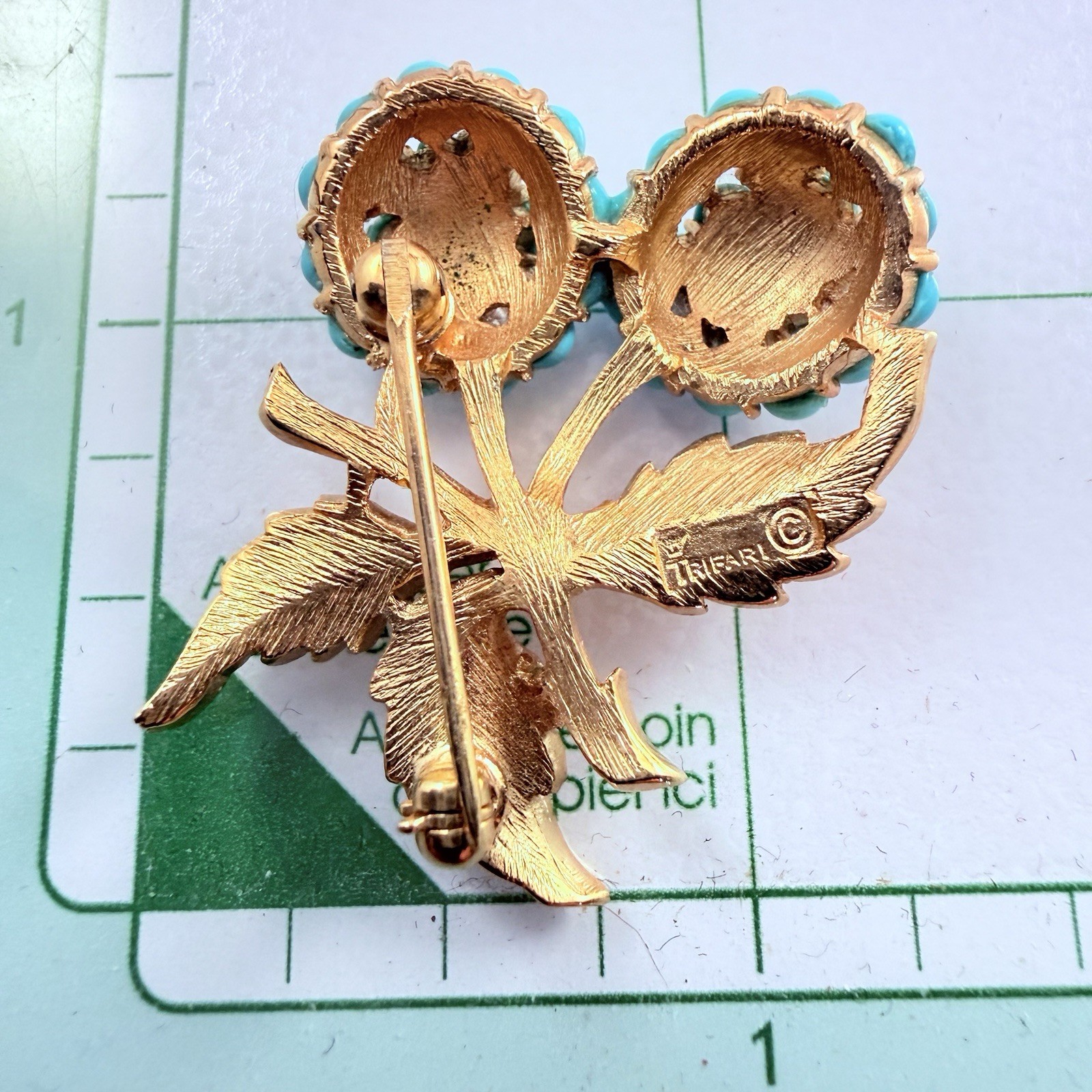 Vintage TRIFARI Faux Turquoise Double Flower Brooch Estate Pin Rare