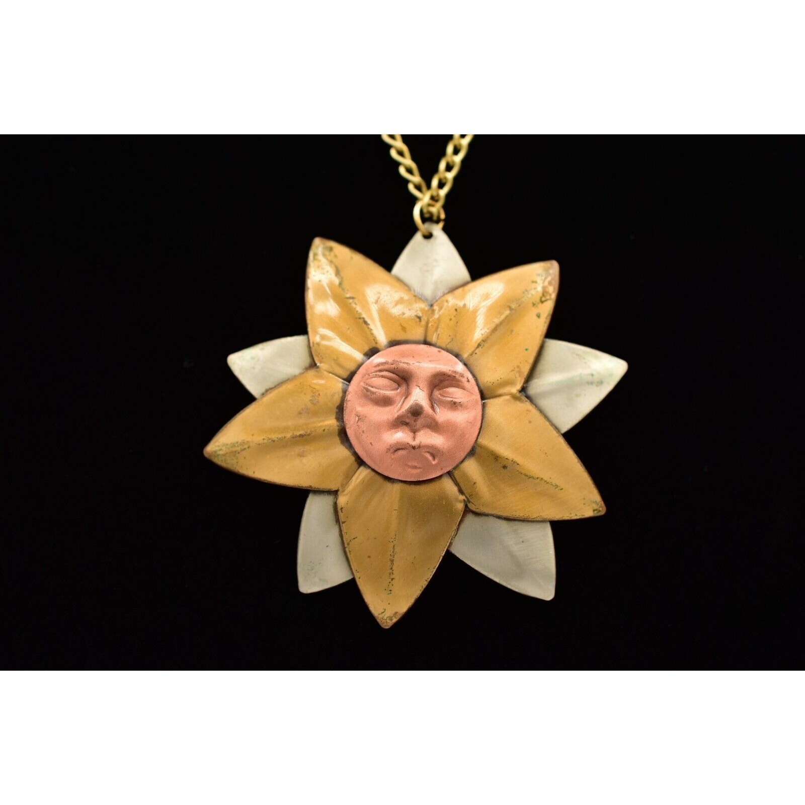 Vintage Sun Flower Pendant Necklace Copper Gold Silver Mixed Metal 1970s BinBH