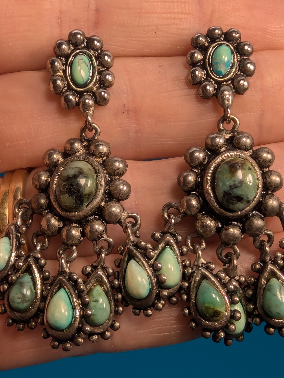 Graziano Natural Stone Turqoise Veined Post Dangle/Drop Earrings Signed