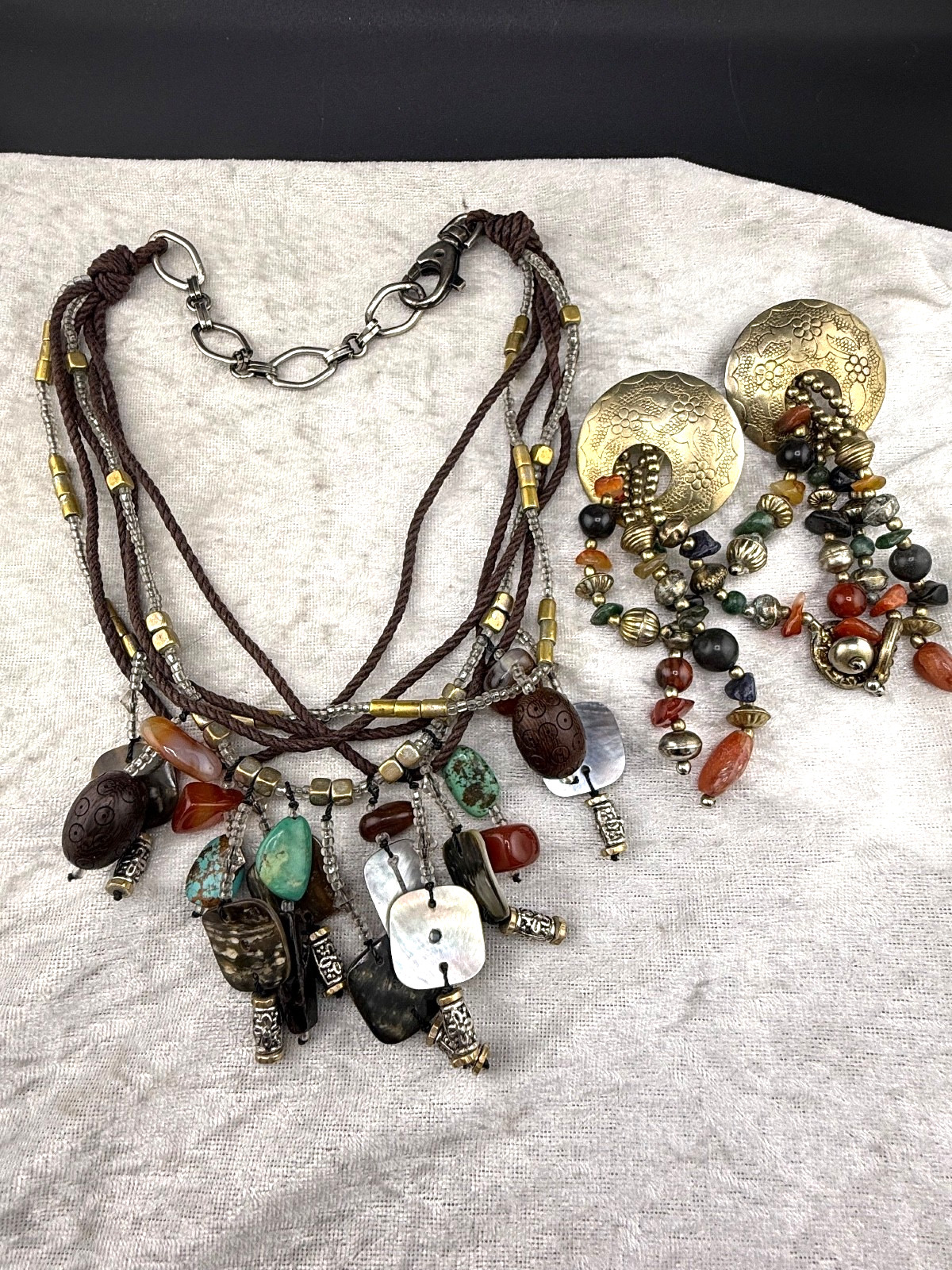 Boho Layered Fringe Necklace Pierced Earrings Set 20”