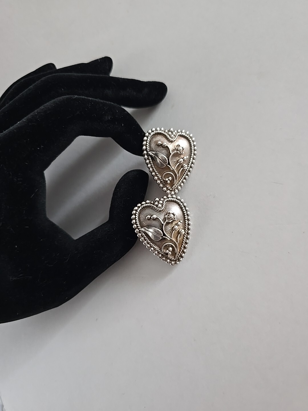 1940’s Sterling Hearts Applied Flowers Screw Back Earrings