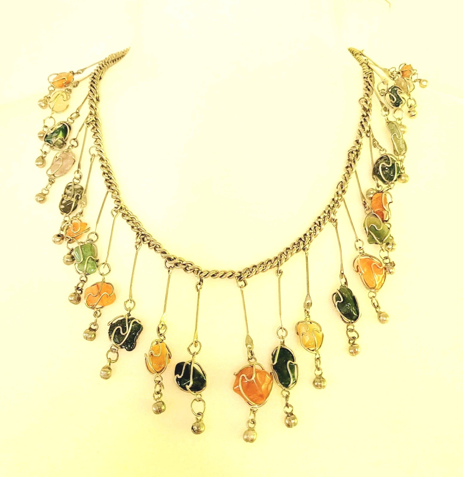 Vtg Wire Wrapped Caged Gemstone Agate Necklace Bib Dangle 21″ 1970s Boho Silver