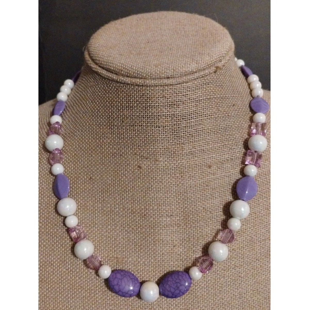 Lavendar, White Iridescent, Pink square Beaded Necklace Plastic