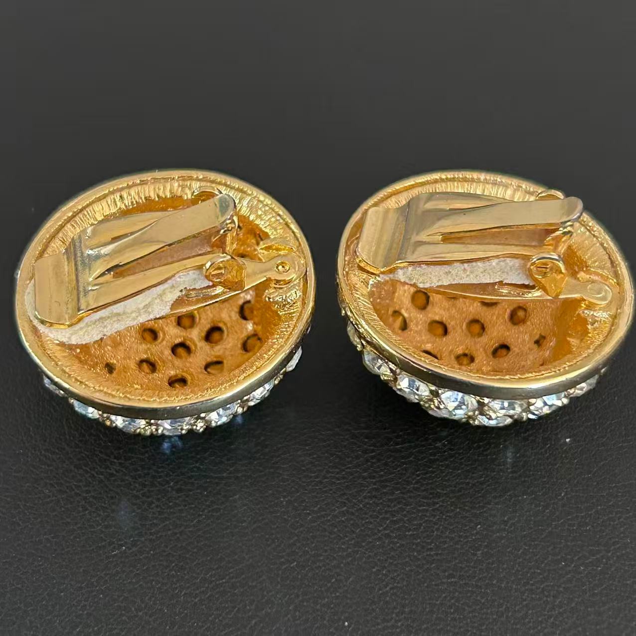 Vintage 1980s Gold Tone Pave Rhinestone Dome Clip On Earrings Snowball Statement