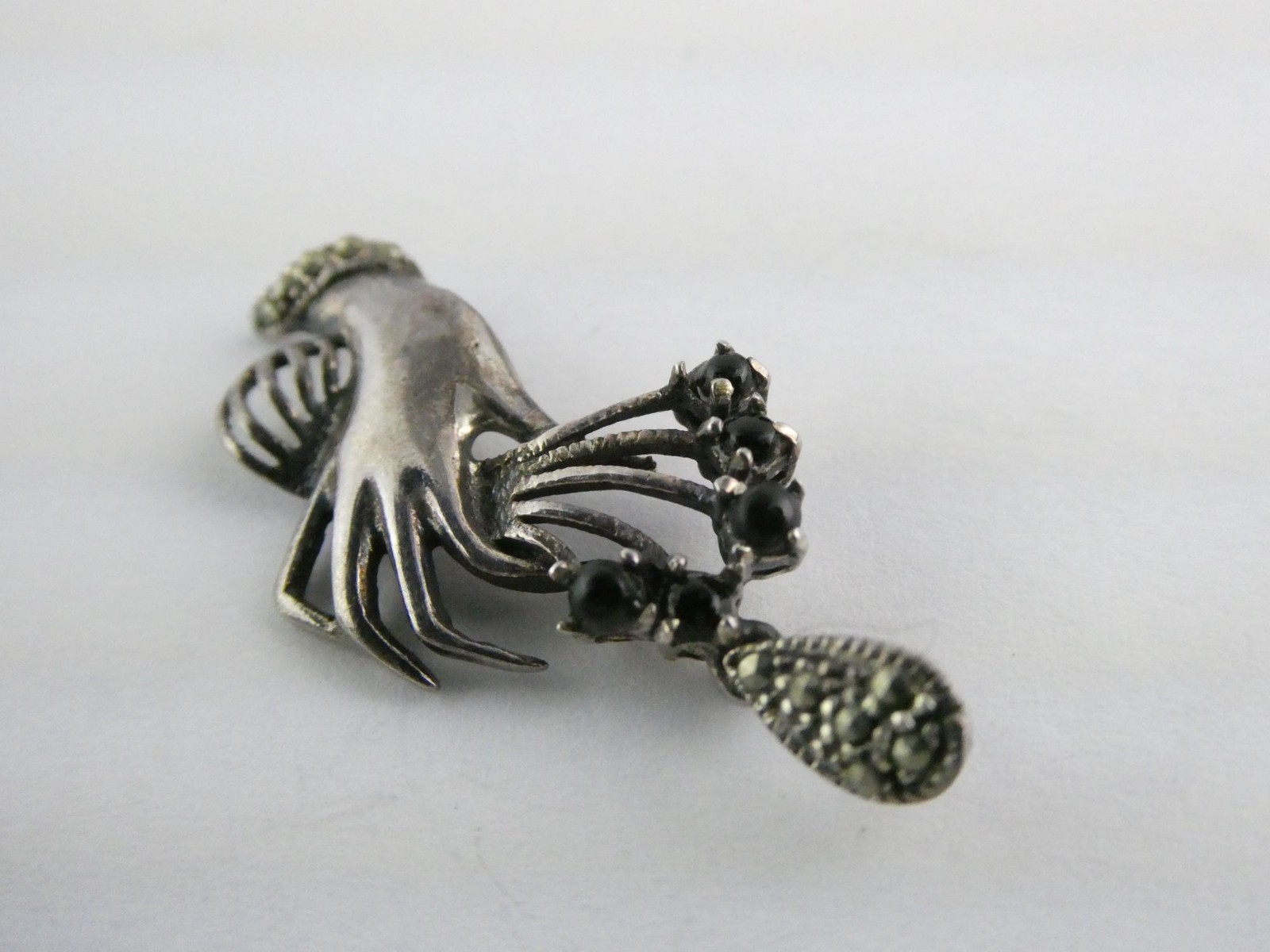 Marsala CW Sterling Silver Hand Holding Black Onyx Flowers Marcasite Pendant 2g