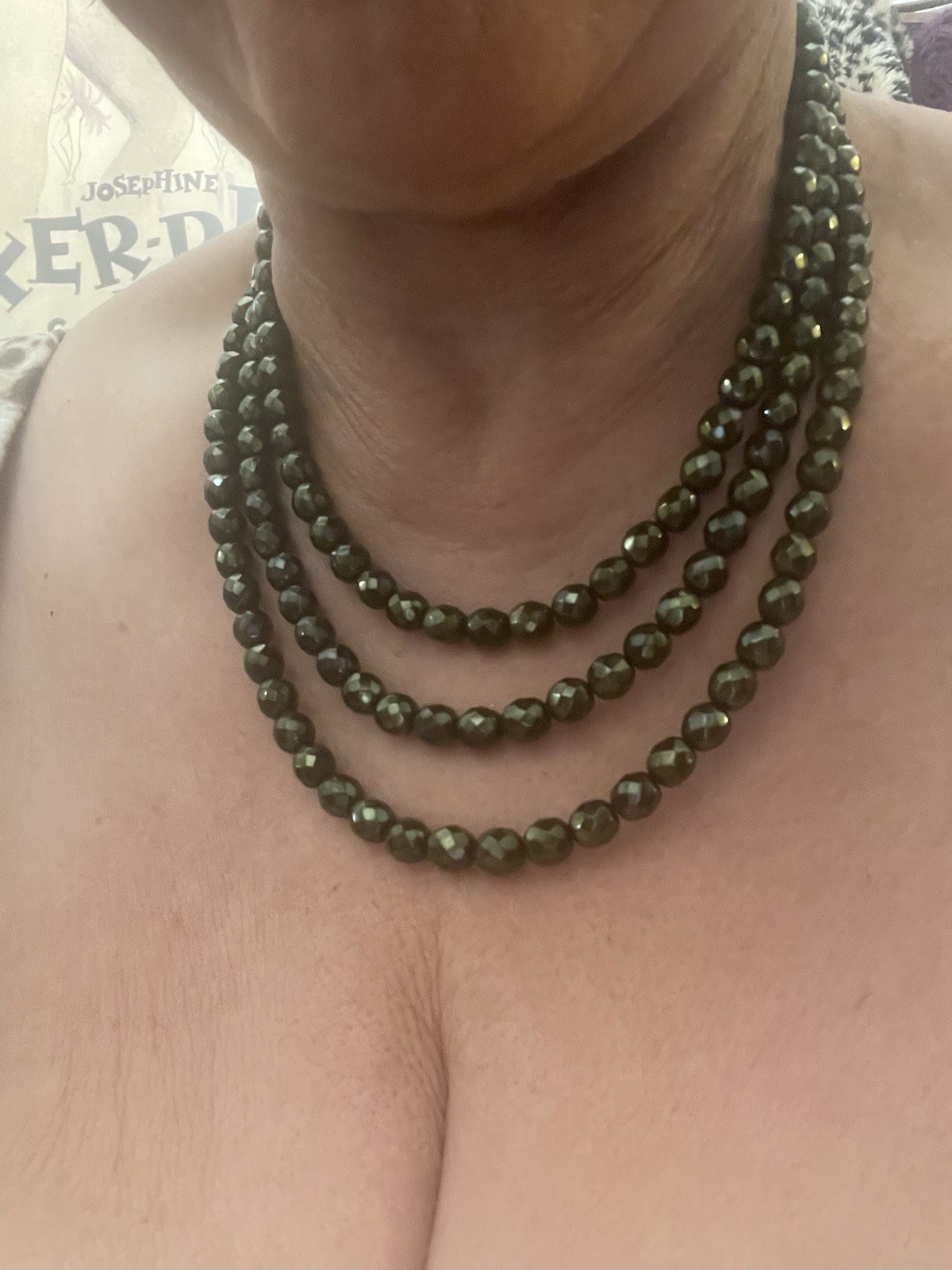 Retro Hunter Green Czech Fire Polished Faceted Pearl Bead 3-Strand Necklace