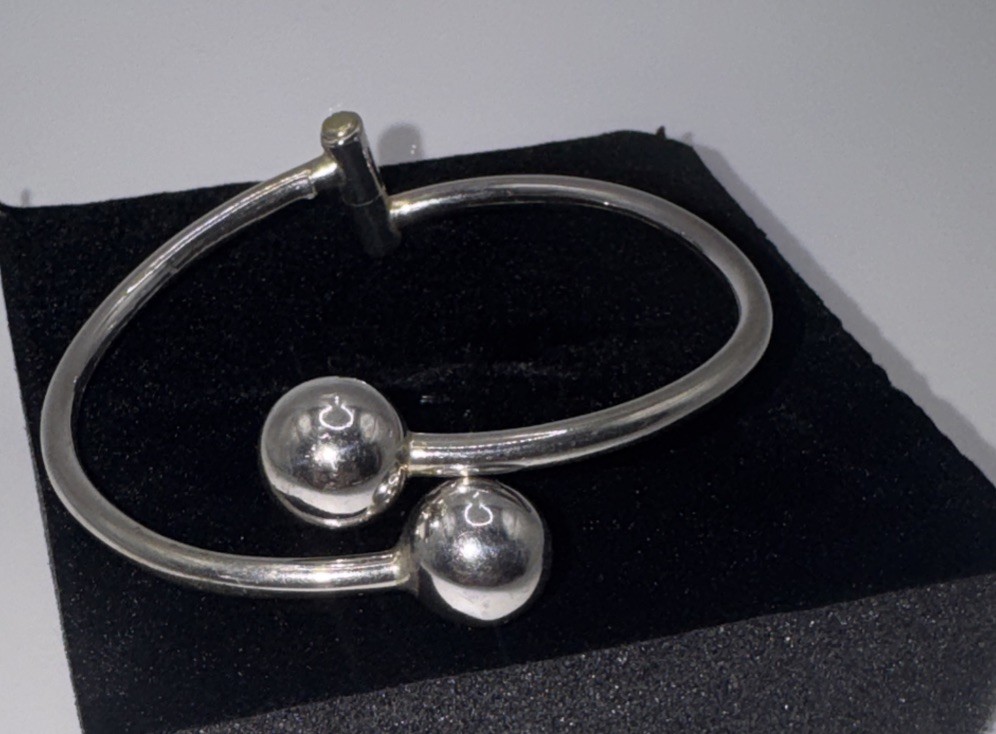 Vintage ATI Mexican Silver 925 Orb Ball Hinge Adjustable Cuff Bangle Bracelet