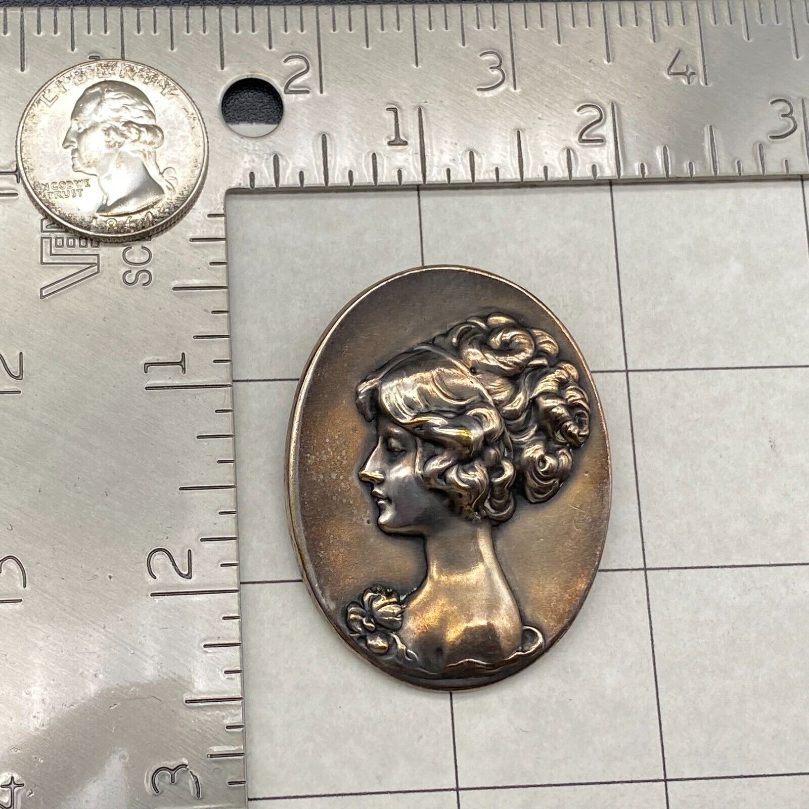 Vintage Art Nouveau Cameo Lady Portrait Oval Silver Pin Brooch