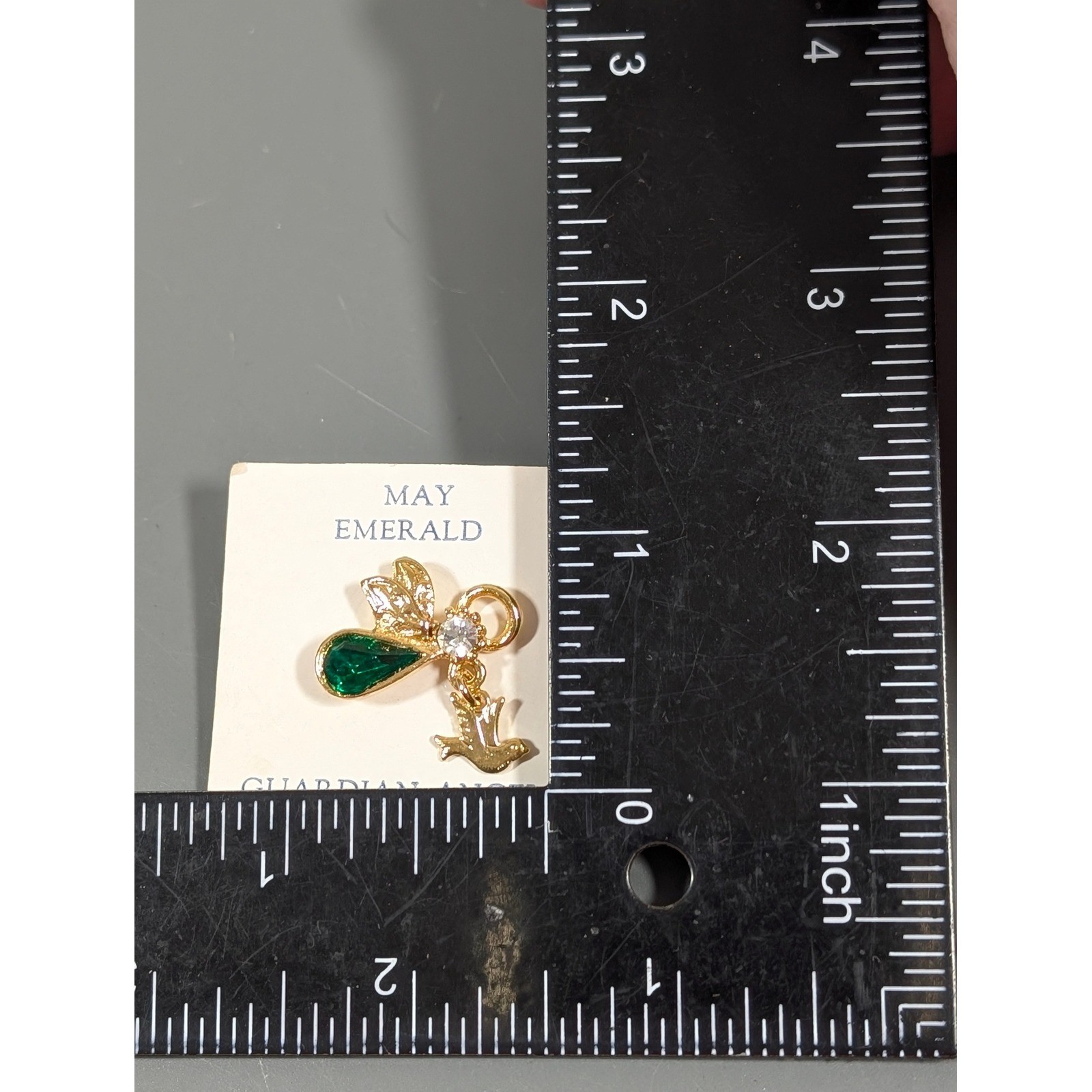 Vintage Guardian Angel Dove Pin May Emerald Birthstone Gold Tone Lapel Tack