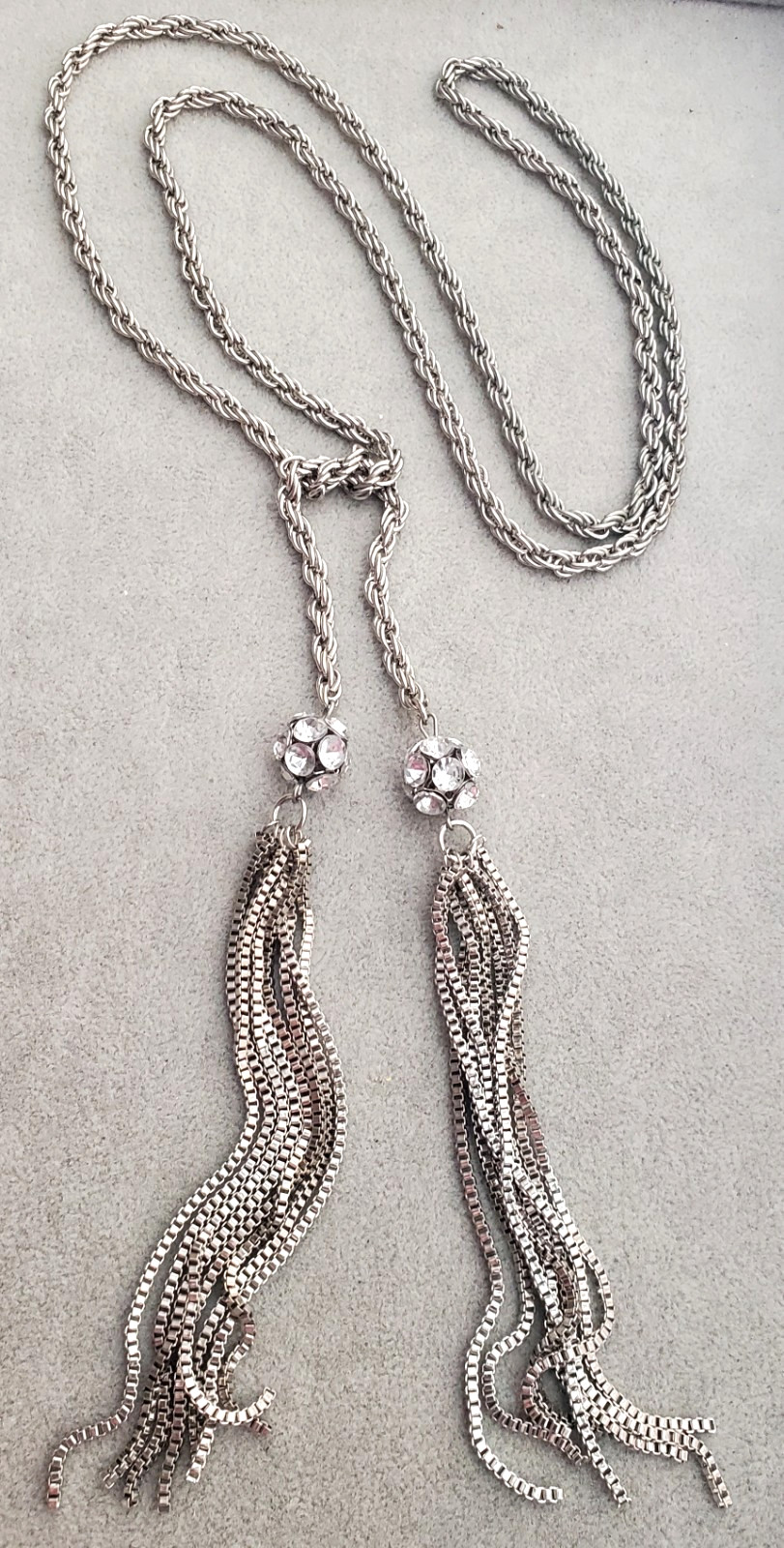 Vintage Rhinestone 5″ Tassel Runway Lariat Tie Wrap 48″ Rope Chain Necklace Belt
