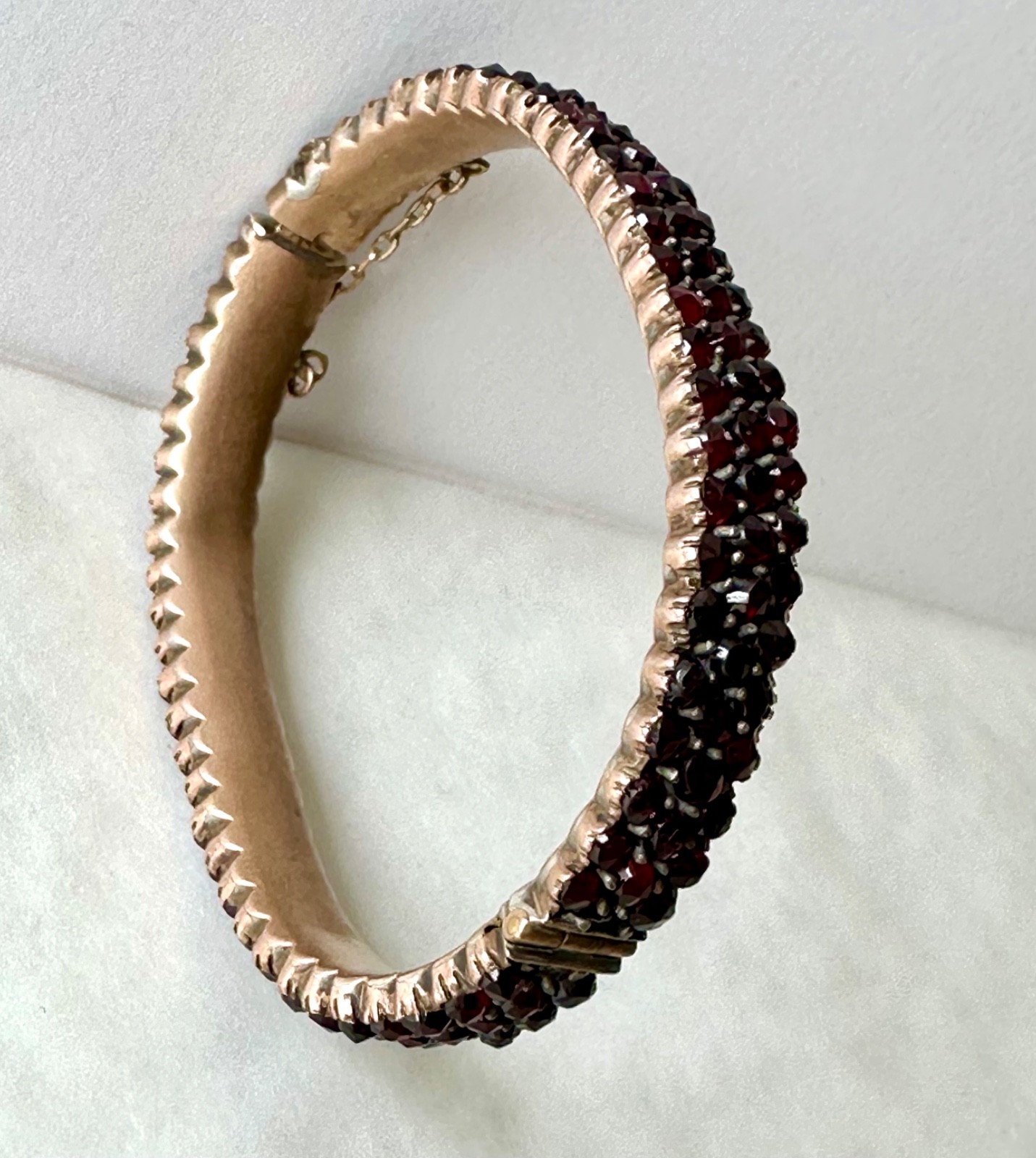 Antique rose cut Garnet & Silver bangle Hinged w/safety chain (see cond.)