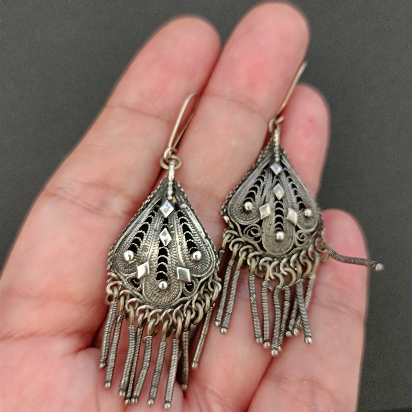 VTG Stanetzky Earrings Israel Sterling Silver Filigree Yemenite Chandelier Boho