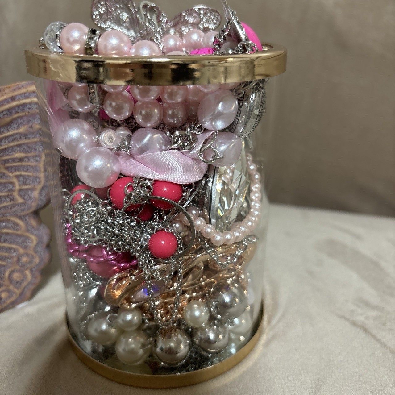 Mystery Jewelry Jar ;50 Pieces In Butterfly Jar Purple Pink White Silver & Gold