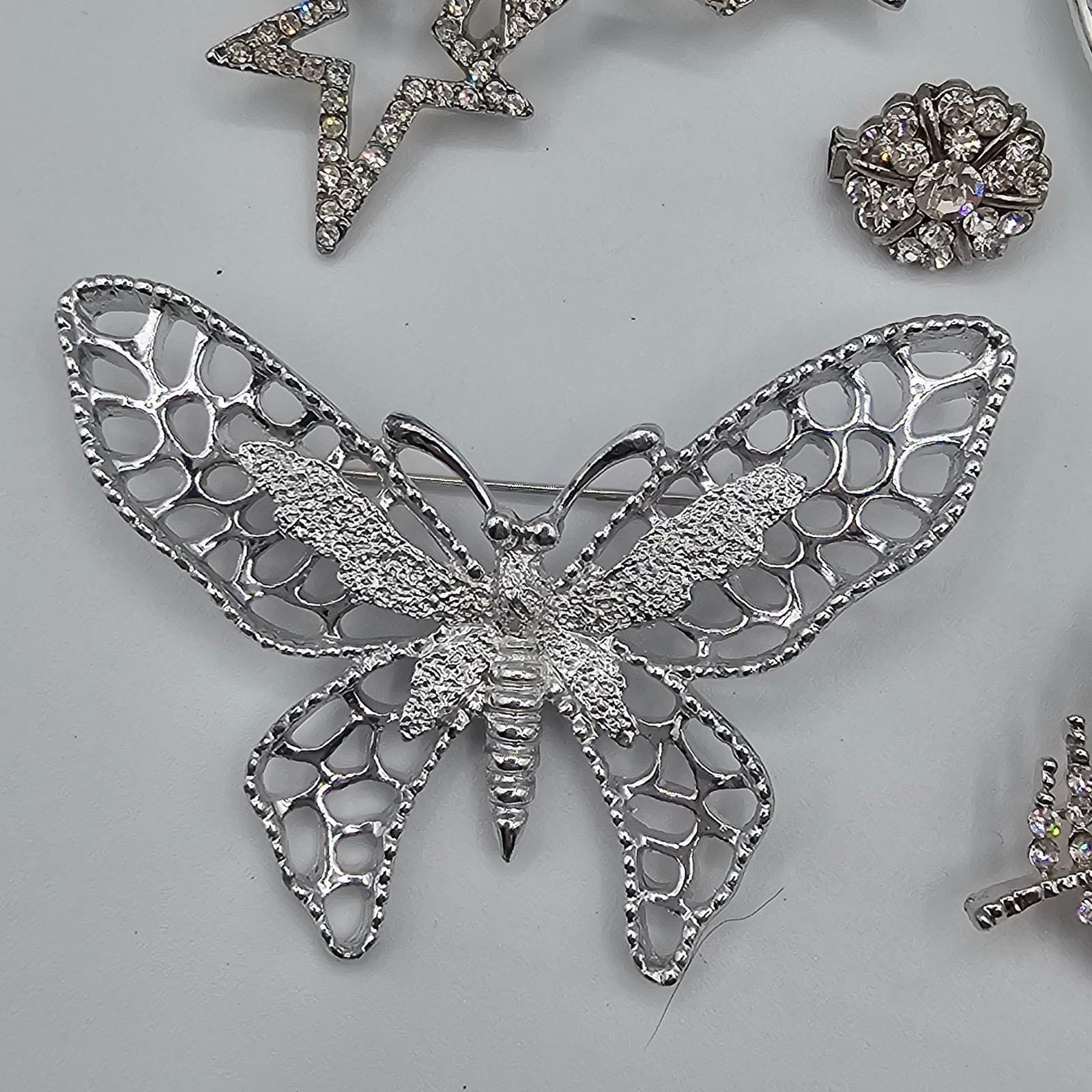 Vtg Silver Tone Brooch Pin Lot Butterfly Stars Heart Feather Rhinestone Sparkle