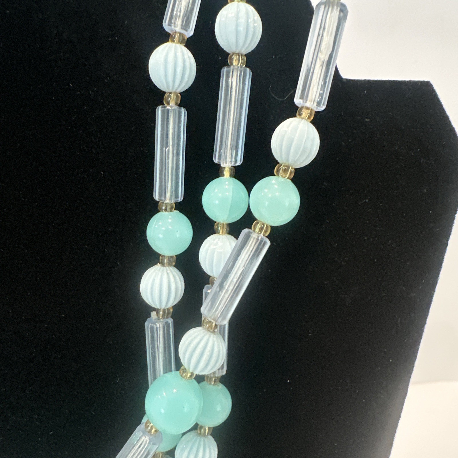 W Garnany Beaded 3 Strand necklace and Clip On Earring Set Mint Blue