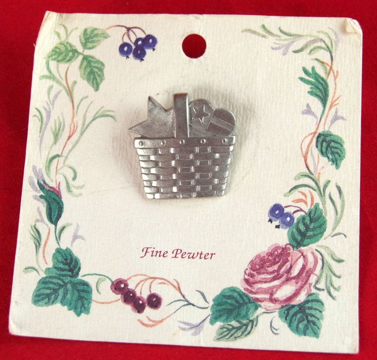 Lot 2 NOS VTG FINE PEWTER PICNIC BASKET, SET 3 HOUSE FLAG HEART BROOCH LAPEL PIN