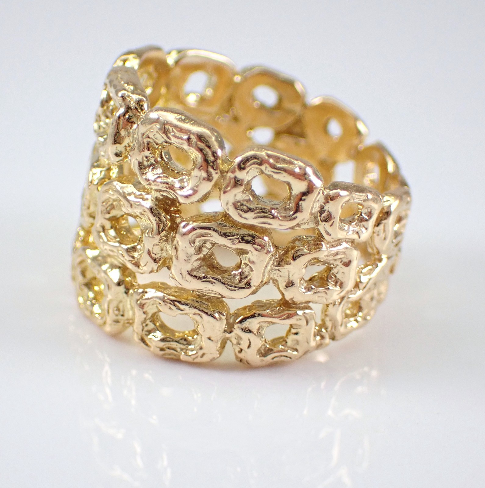 Vintage 14K Yellow Gold Multi Row Band Wide Right Hand Nugget Bamboo Chunky Ring