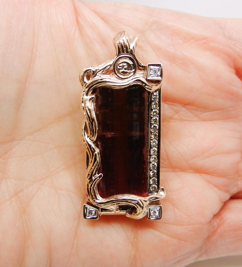 18K Rose Gold Vintage 26.21 Carats Pink Tourmaline Diamond Enhancer Pendant
