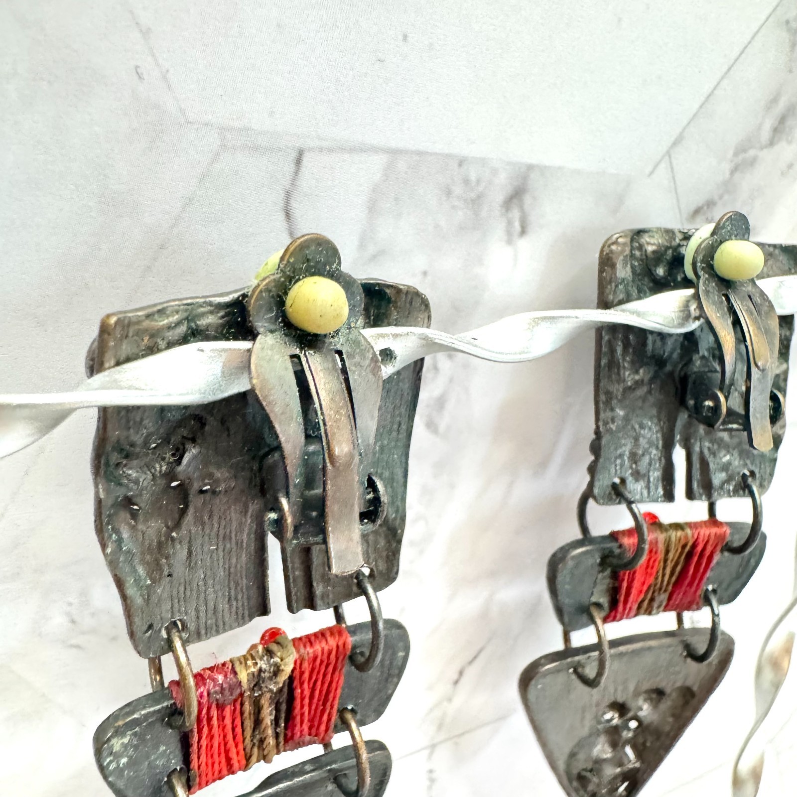 Vintage Brutalist Earrings Dangle Mixed Metal Material Rhinestone Gunmetal Tone