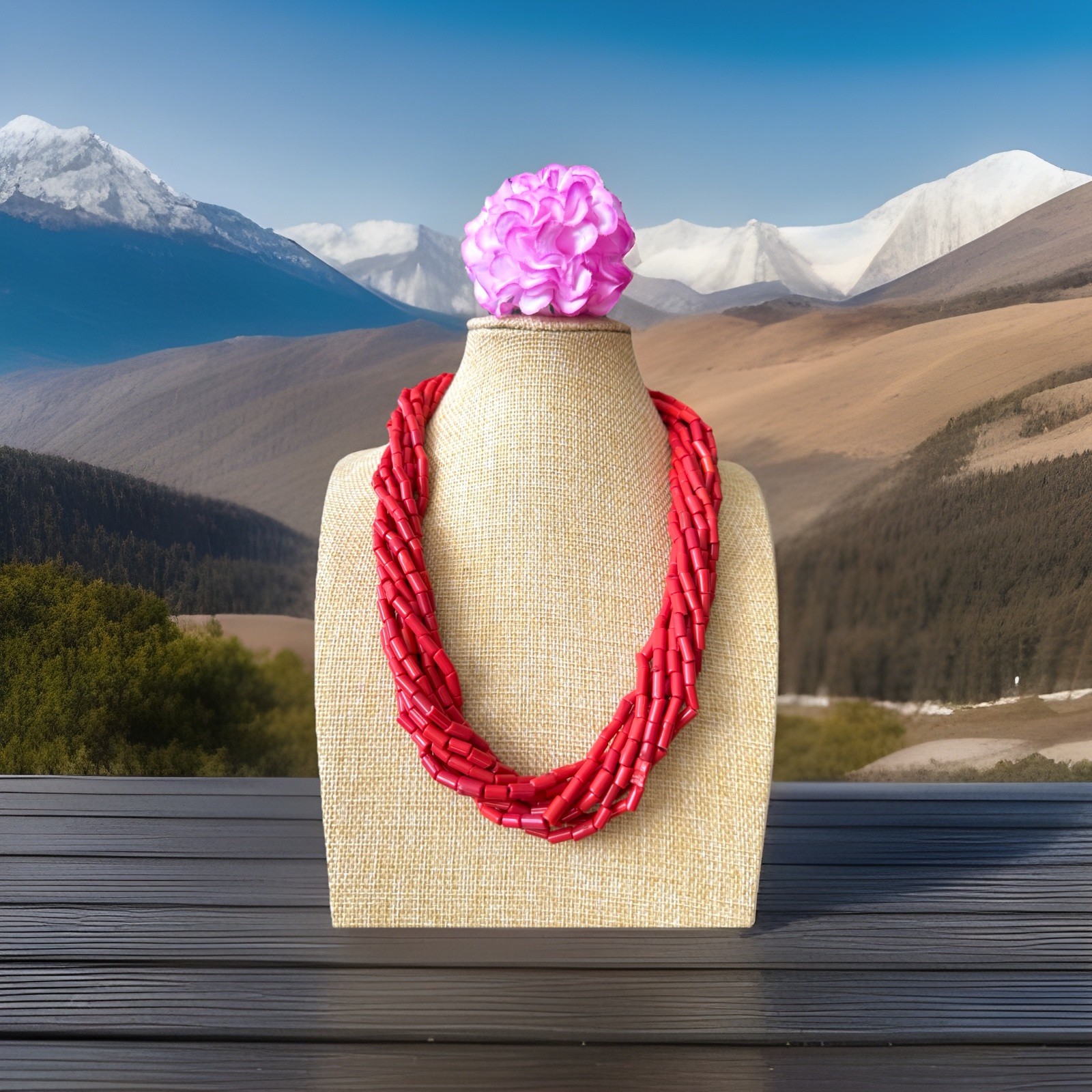 Gorgeous multi strand ethnic style barrel shape sherpa coral necklace 22”inch