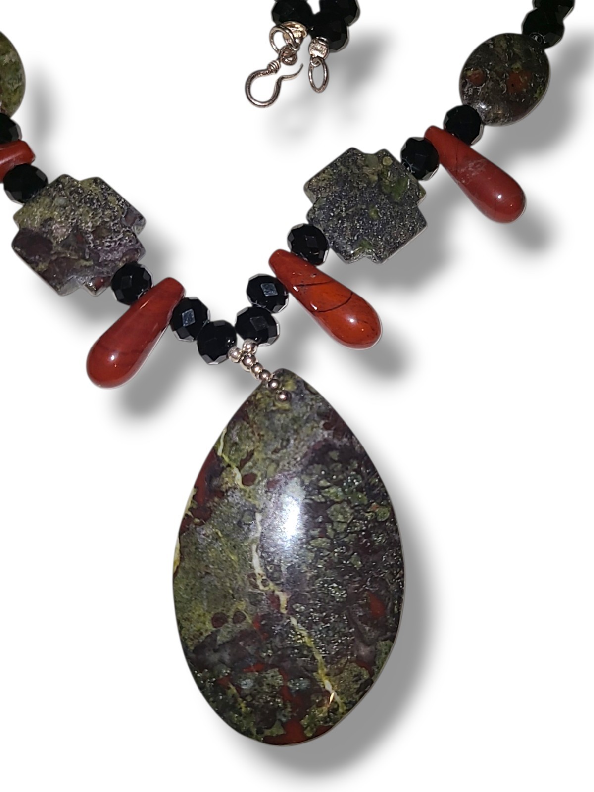 Stone Pendant Necklace Red Green Jasper Bead Black Crystal 925 Clasp 18in