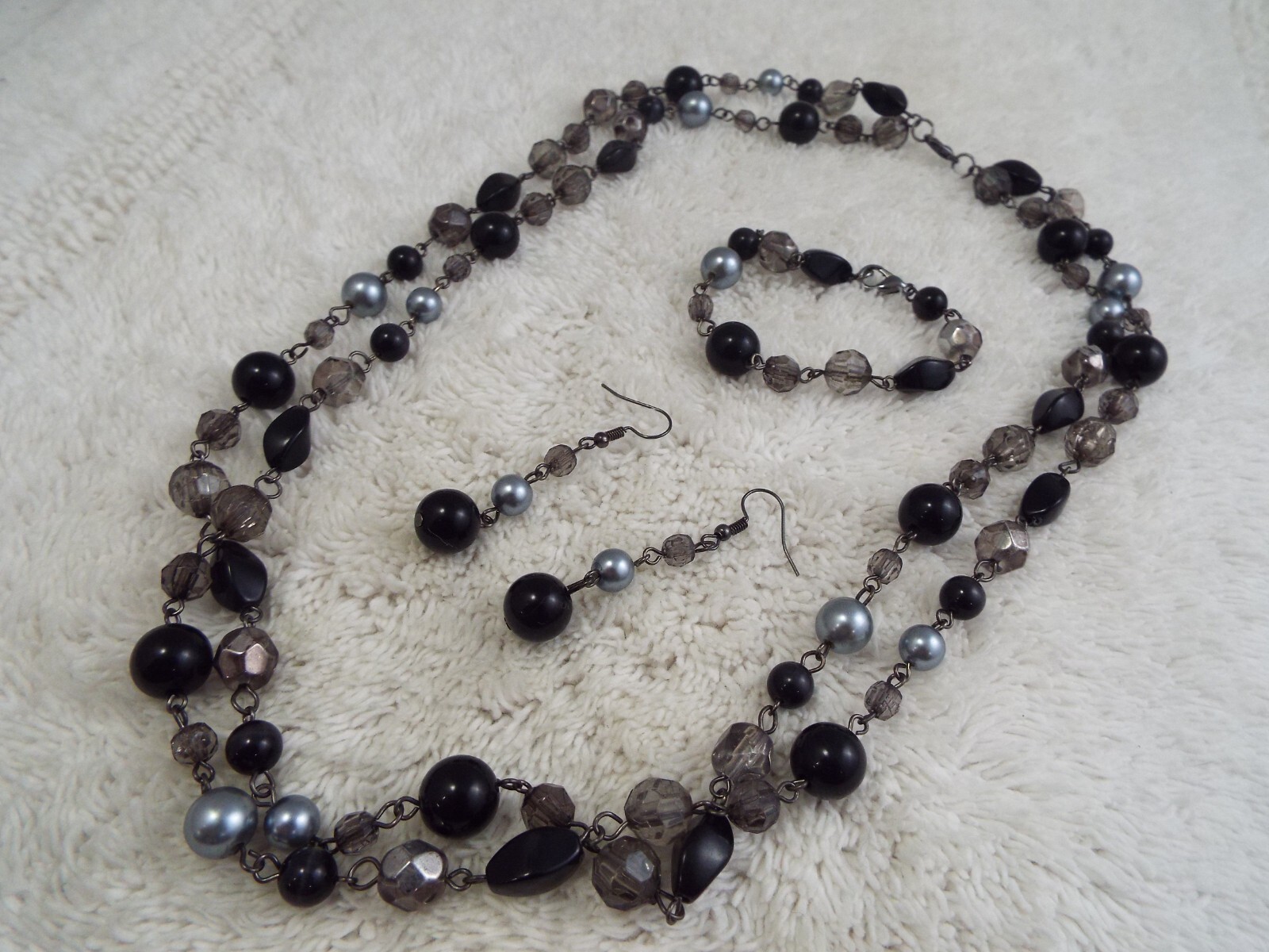 Black Gray Bead Double Gunmetal Chain Necklace + Bracelet + Earrings (F38)