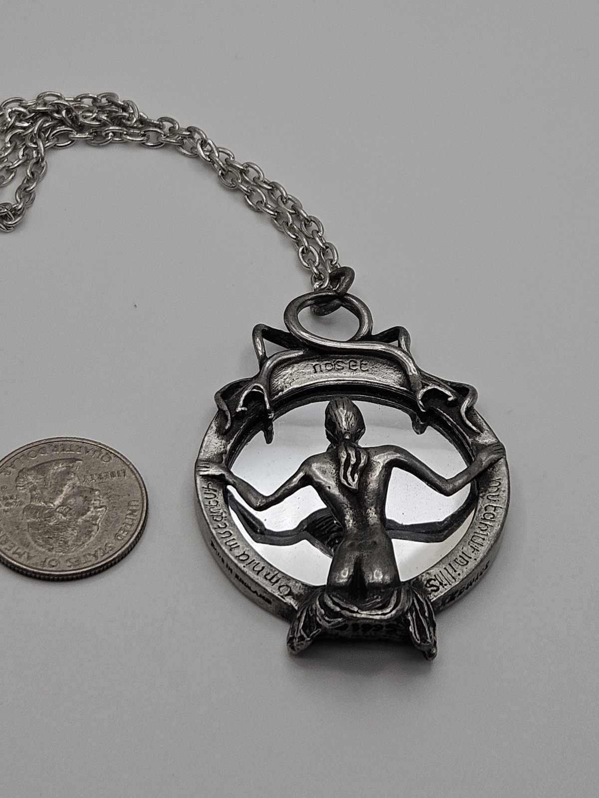 Vintage Alchemy Gothic Speculum Scull Lady Mirrored Pendant Necklace Pewter
