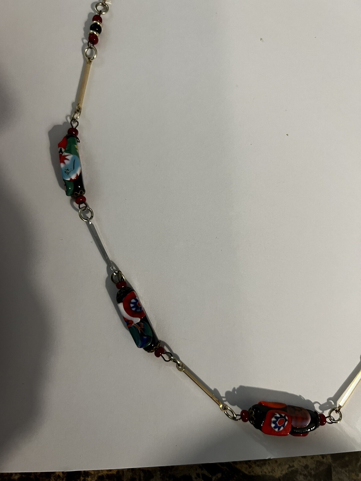 Vintage Rectangular Millefiori Bead & Gold Tone Bar Link Chain Station Necklace