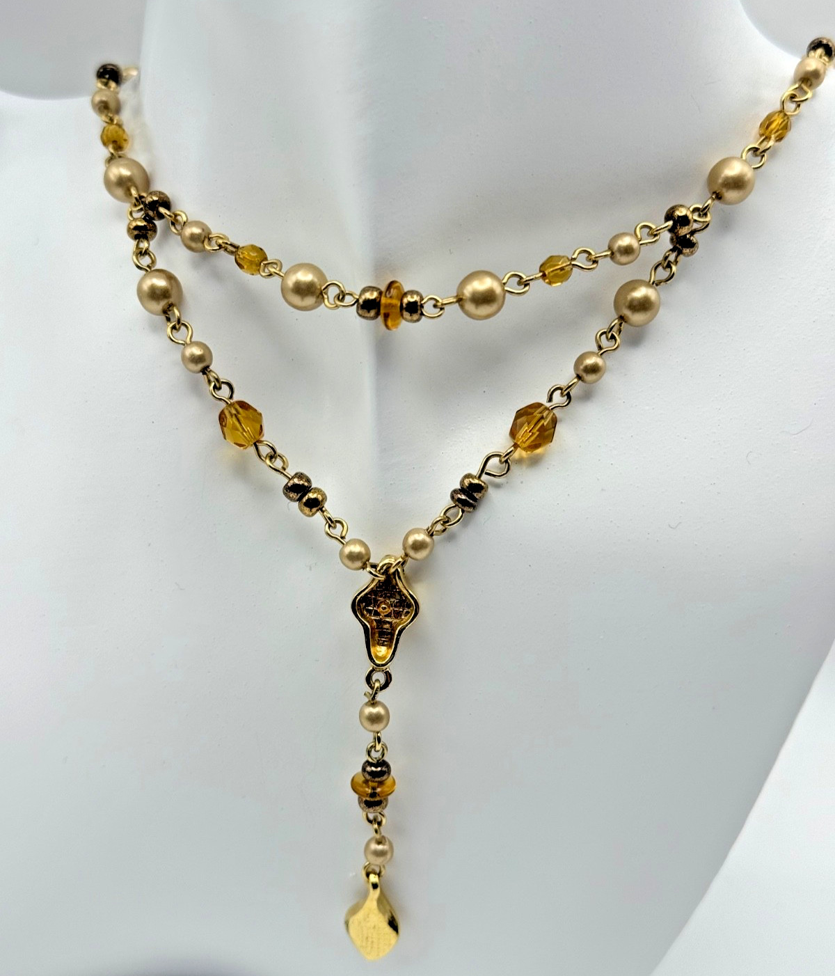 Vintage Layered Faux Pearl Amber Glass Gold Tone Y Necklace Adjustable