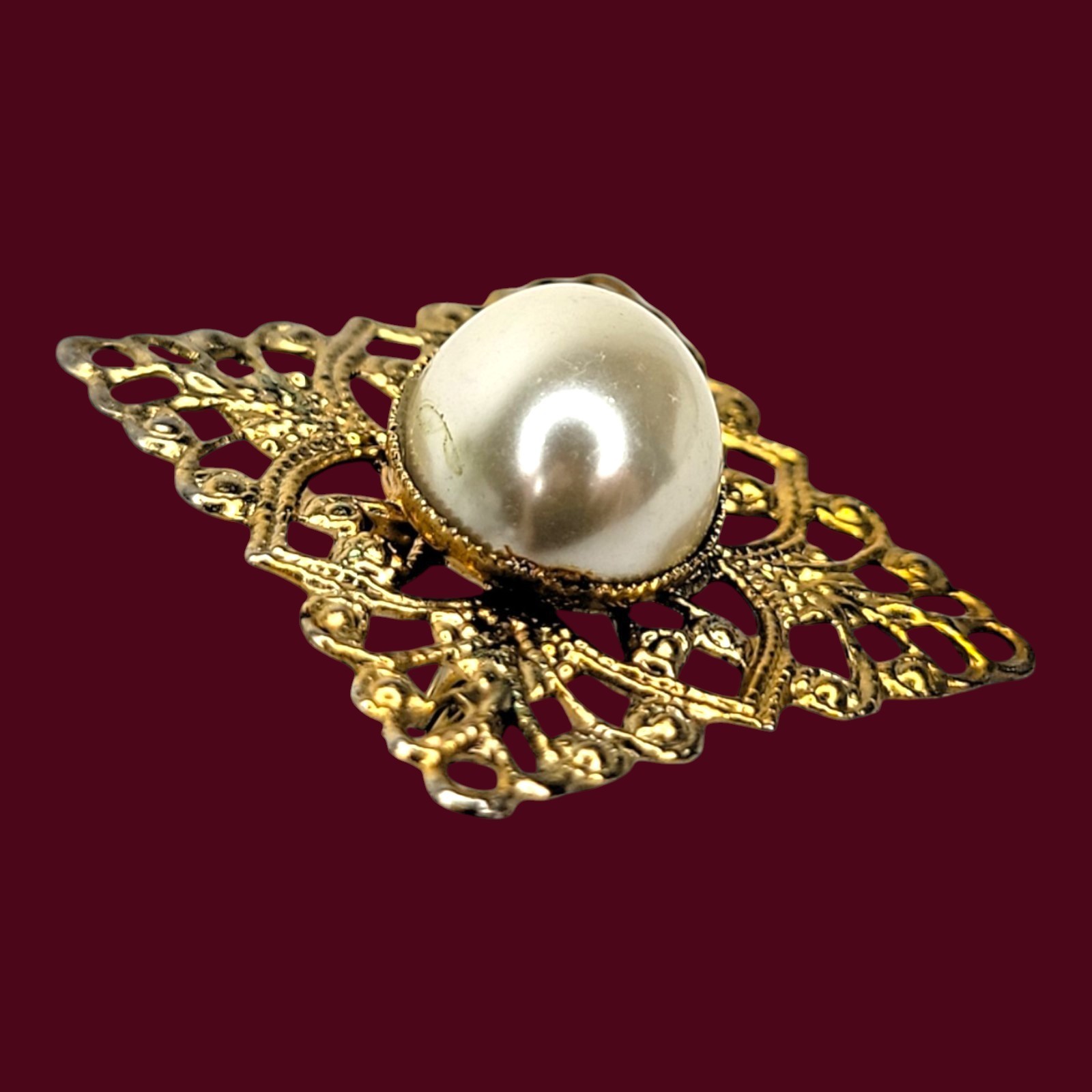 Filigree Brooch Pin Vintage Large Oval Simulated Pearl Gold Tone Diamond Shape