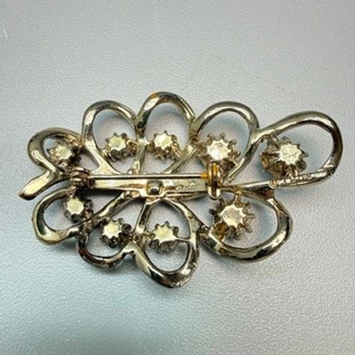 Vintage Coro Gold Tone Blue Rhinestone Brooch Leaf Ribbon Swirl