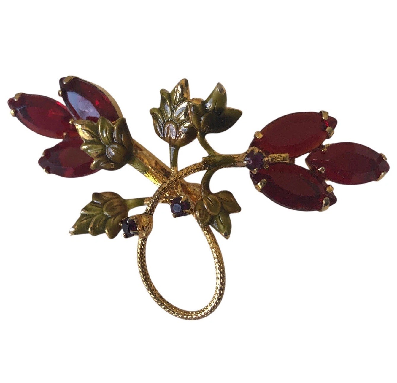 Vtg Delicate Enameled Gold Tone Metal Red Stones Prong Setting Floral Brooch Pin