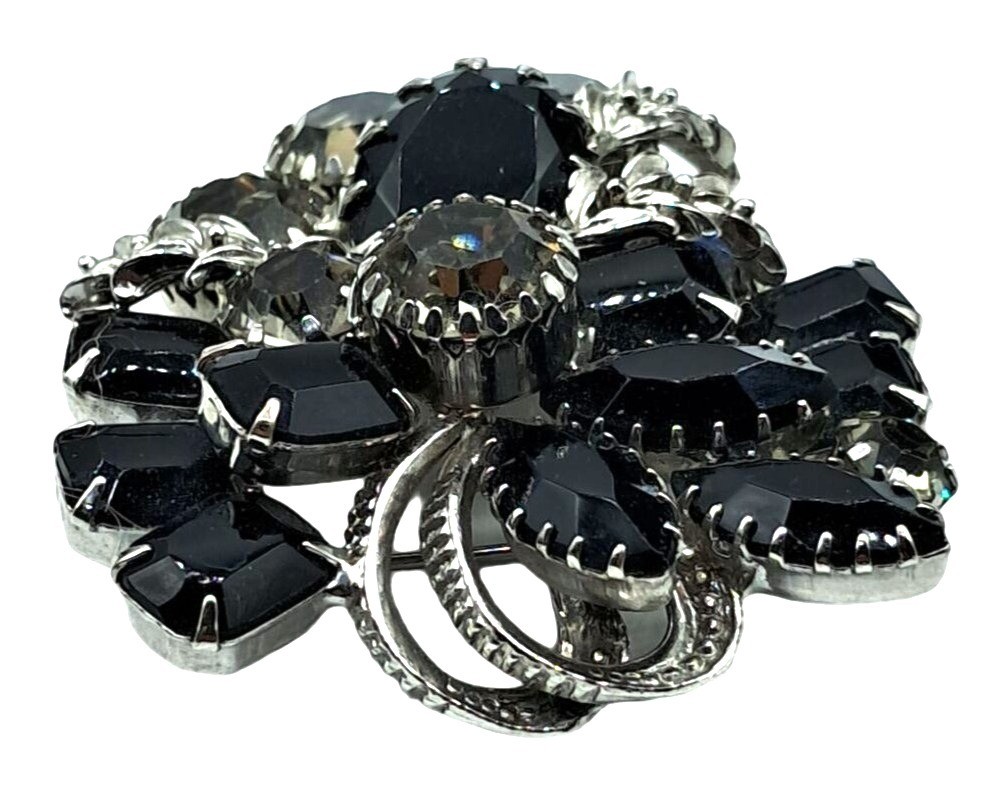 Vintage Rhinestone Brooch Earrings Set Black Clear Rhinestones Jewelry