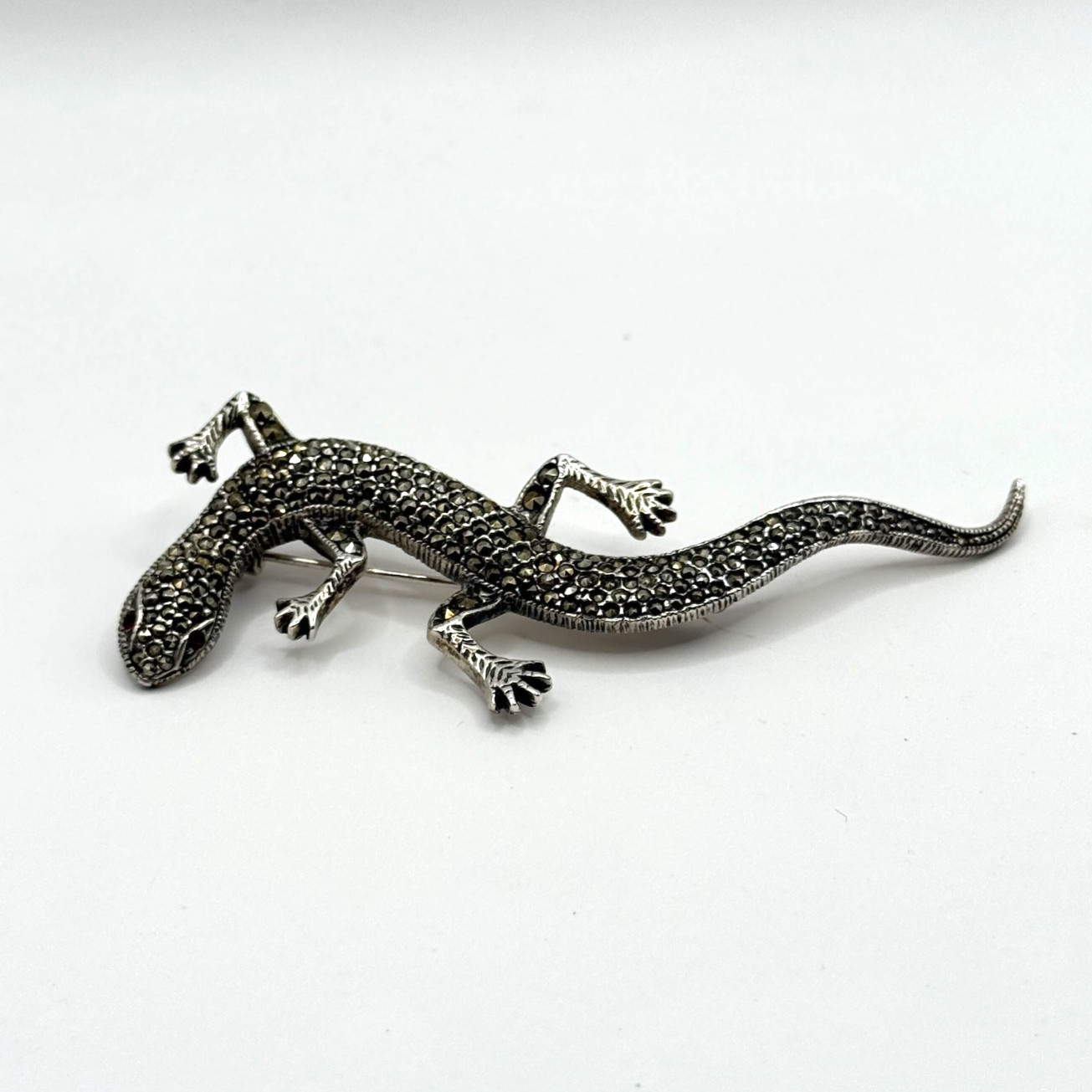 Vintage Marcasite Gem Lizard Pin Brooch 925 Sterling Silver Signed FJ 12.58g
