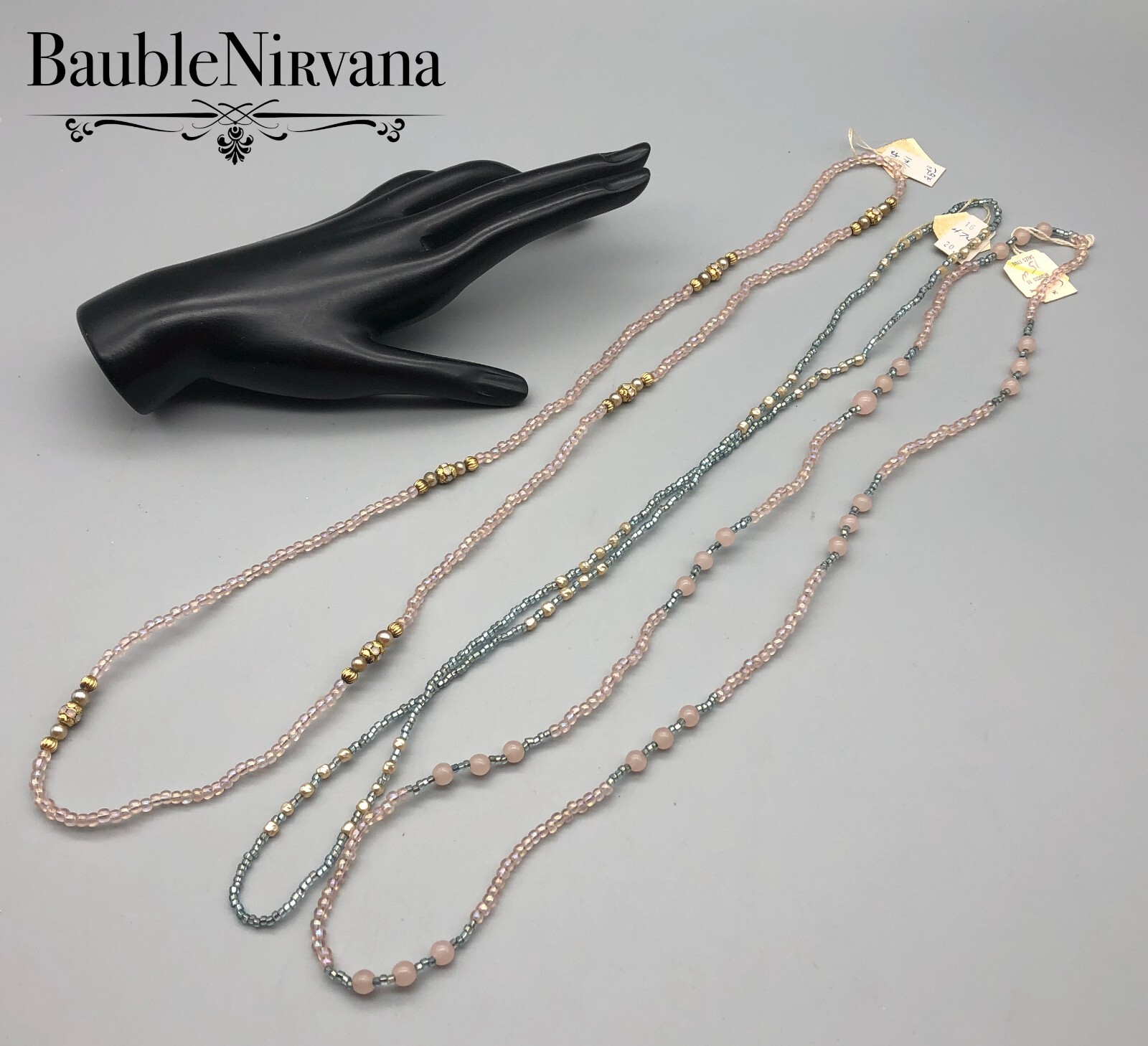 Set of 3 Vintage Aurora Borealis Glass Bead Necklaces Pink Blue Gold Never Worn