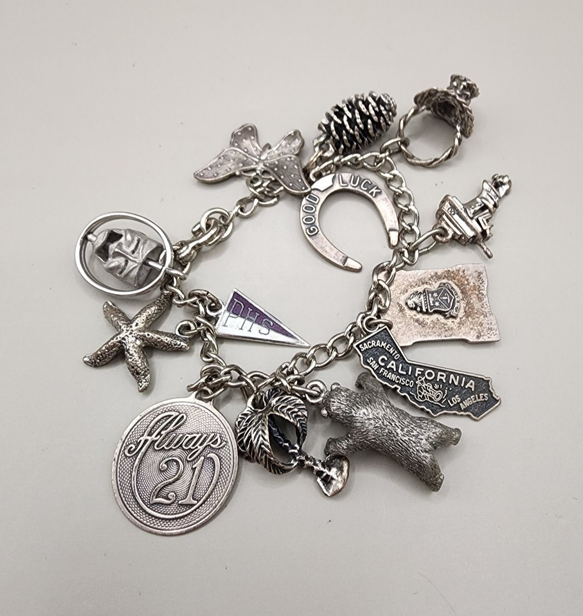 Vintage BEAU Sterling Silver Charm Bracelet 10 Charms Mechanical Theater 40g