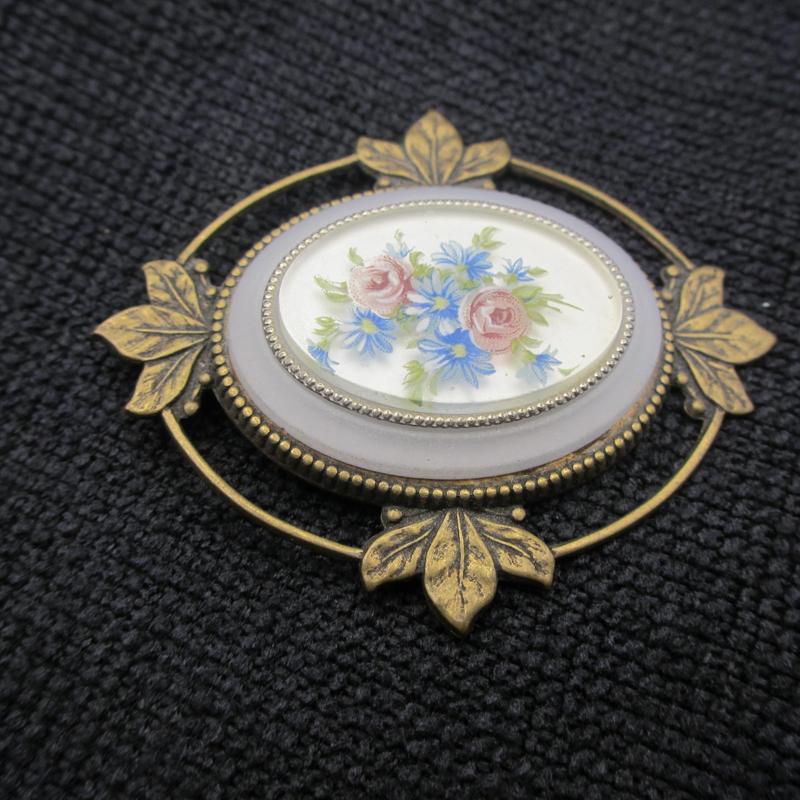 Vintage Victorian Revival Brooch Floral Bouquet Pastel Leaf Frame Gold Tone