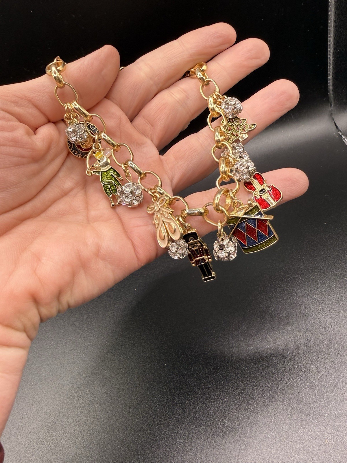Vintage Christmas Nutcracker Charm Bracelet Enamel Rhinestone Gold Tone 7-9”