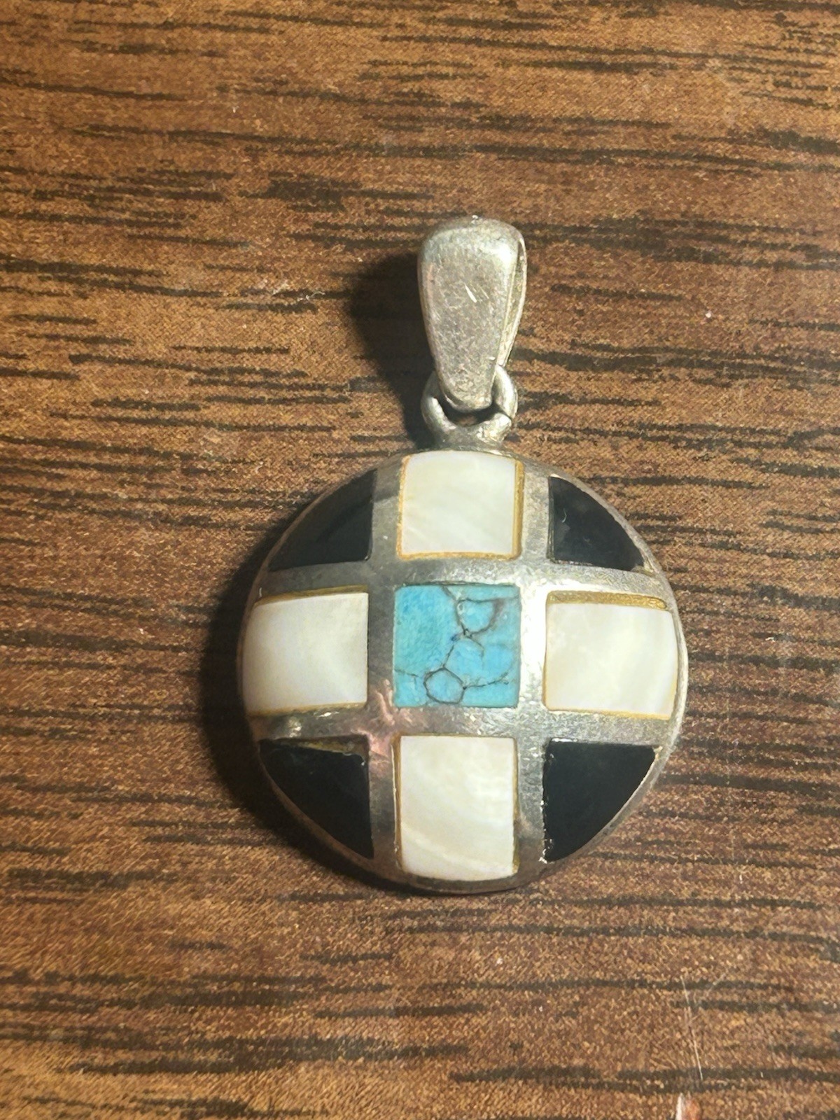 Vintage Round Sterling Silver Onyx Turquoise Shell Inlay Mosaic Pendant