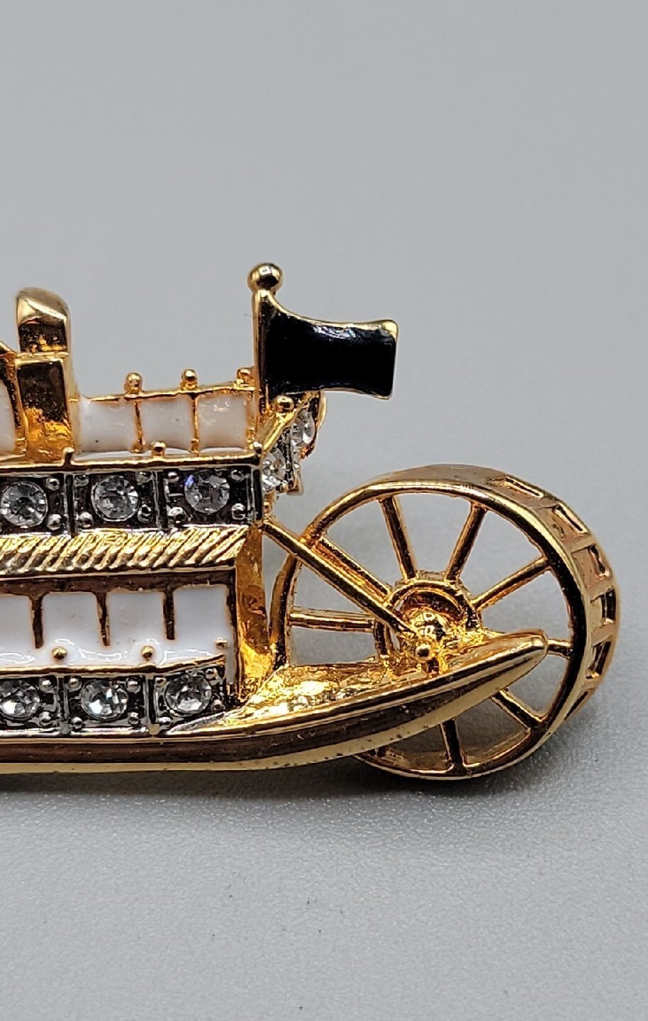 Vintage L-S Louis Stern Steamboat Brooch Pin Rhinestone Studded Gold Tone Estate