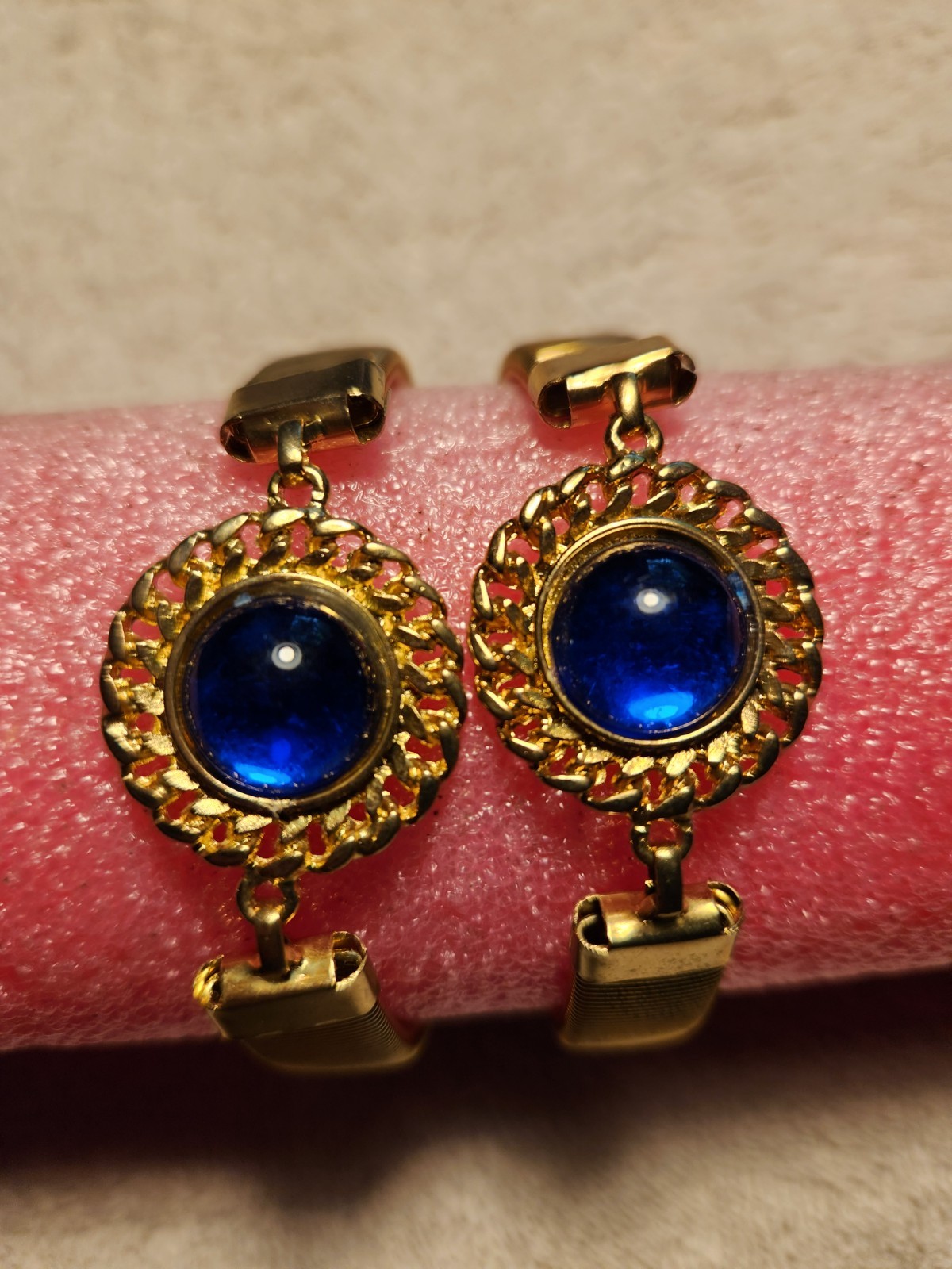 Vintage Gold Tone Arm Bands – Blue Cabochon Center, Textured Statement Upper Arm